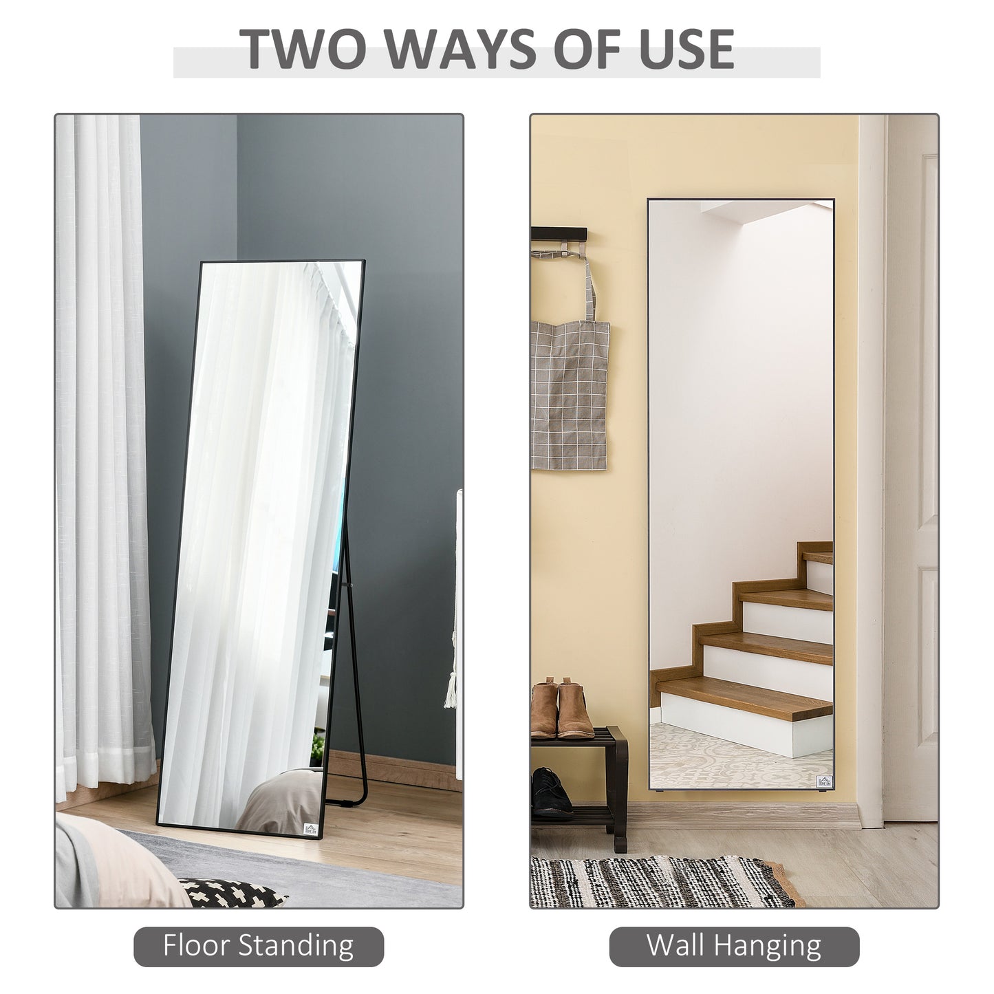 HOMCOM Full Length Mirror, Aluminium Alloy Framed Full Body Mirror with Shatterproof Layer, Standing or Wall Hanging, Black