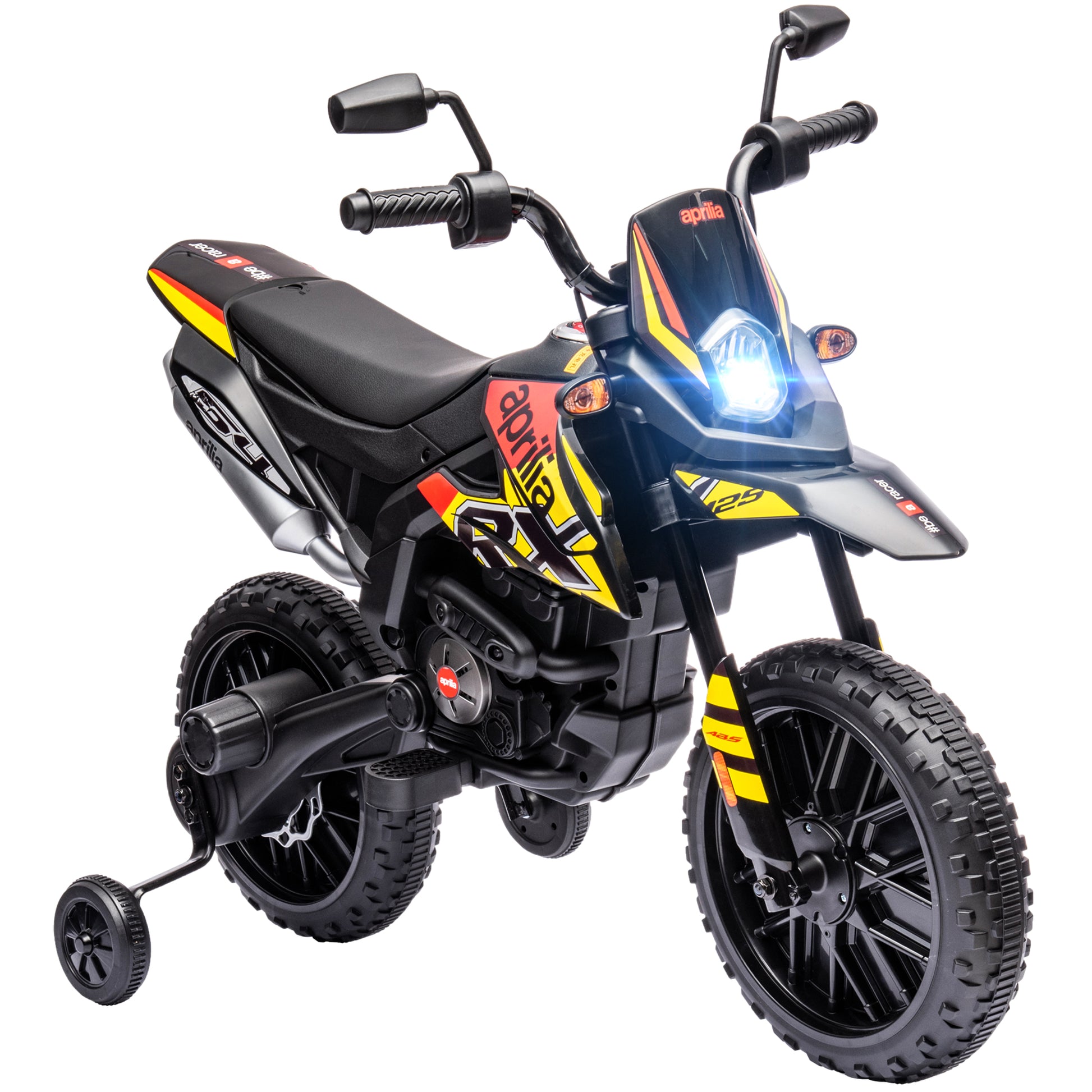 Photo of AIYAPLAY 12V Aprilia Licensed Kids Motorbike with Training Wheels, Spring Suspension, LED Headlight, USB, Music, Yellow/black in Yellow/black colour on a white background