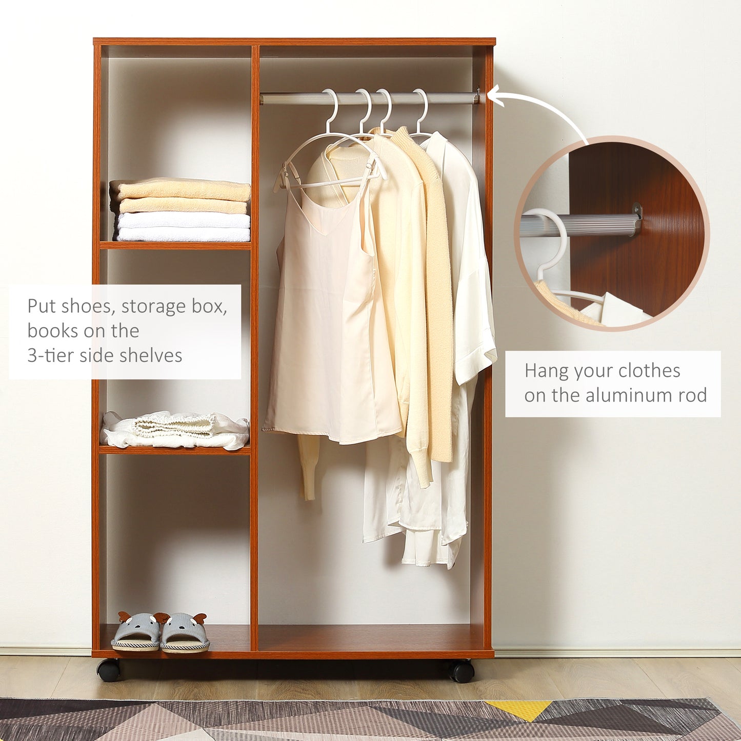 HOMCOM Open Wardrobe on Wheels, Bedroom Wardrobe with Clothes Hanging Rail, 3 Storage Shelves, Mobile Garment Rack for Cloakroom, Hallway, Walnut
