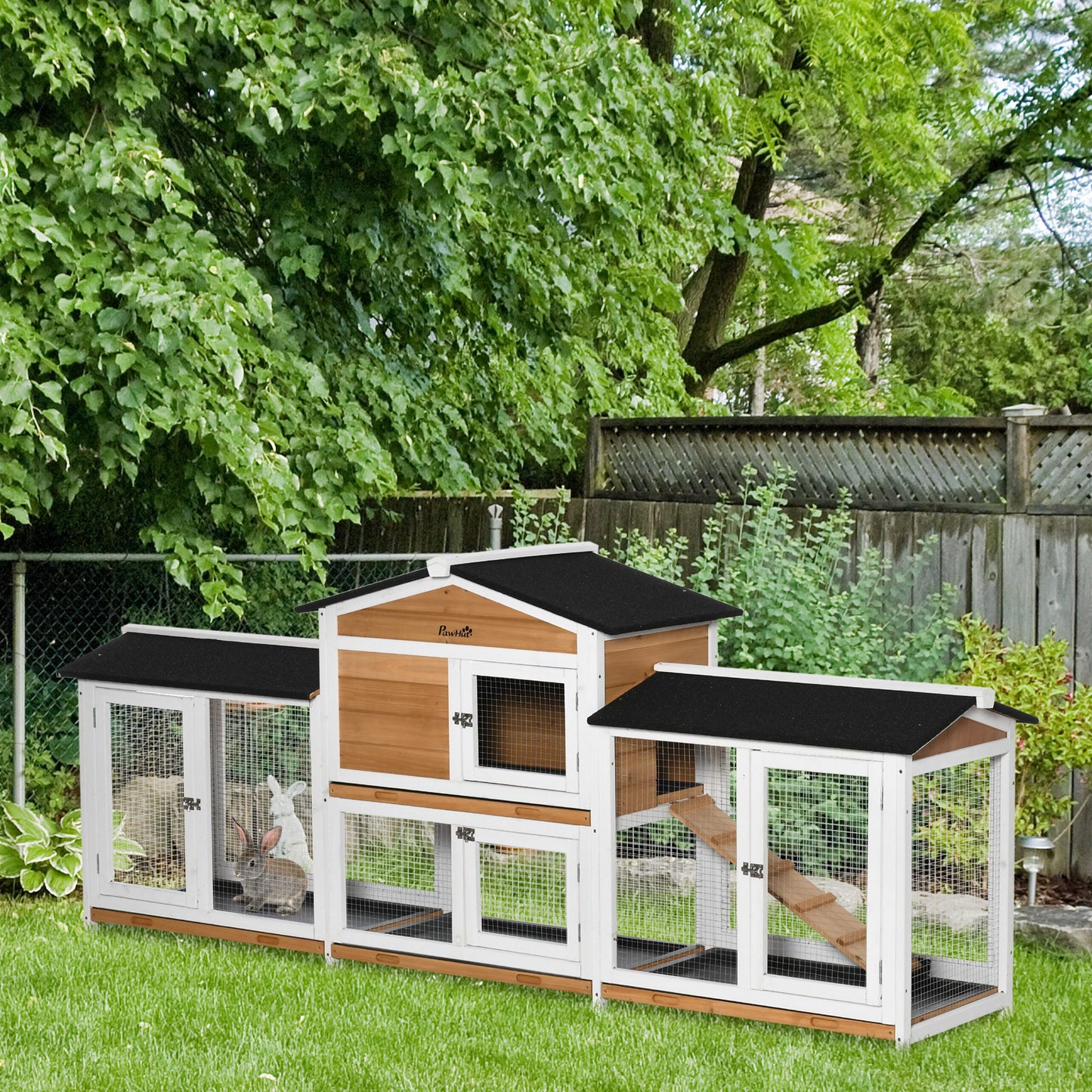 PawHut 2-Tier Large Rabbit Hutch Outdoor with Double Side Run Boxes, No-leak Plastic Tray, Ramp, 230 x 53 x 93.5cm, White