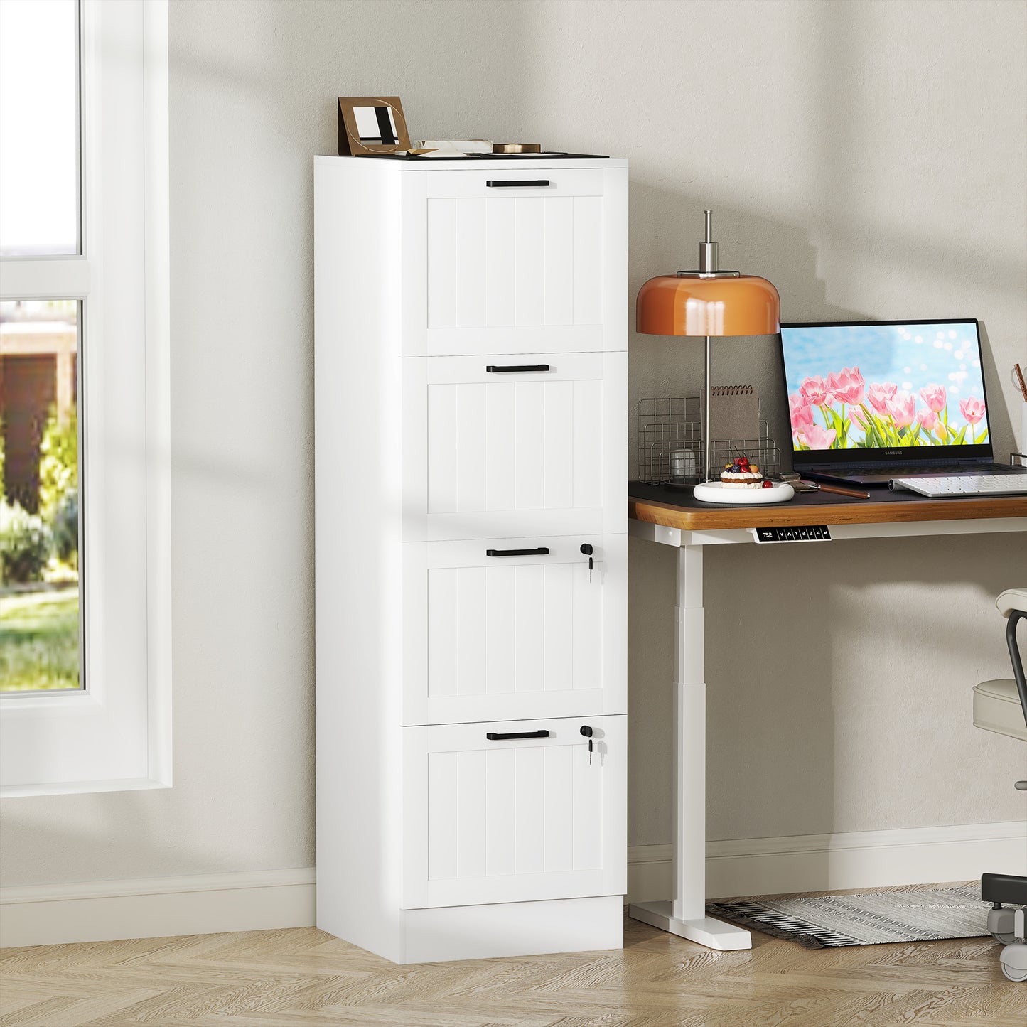 HOMCOM 4 Drawer Filing Cabinet with Lock, Office Storage Cabinet with Adjustable Hanging Bars for A4 Letter Size Files, White