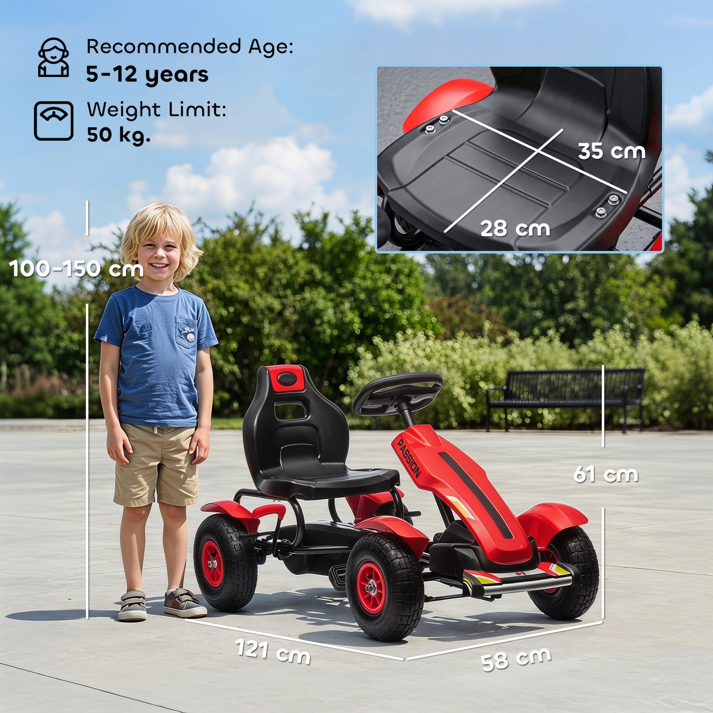 HOMCOM Pedal Go Kart, Kids Ride On Racer with Adjustable Seat, Inflatable Rubber Tyres, Handbrake for Ages 5-12 Years - Red