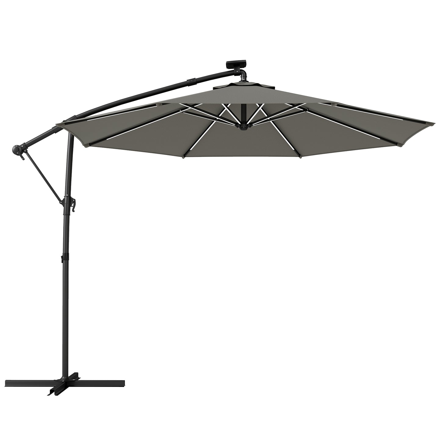 Photo of Outsunny 3 m Garden Cantilever Parasol with LED Solar Light, Round Overhanging Umbrella with 360° Rotation, Cover, Grey in Grey colour on a white background
