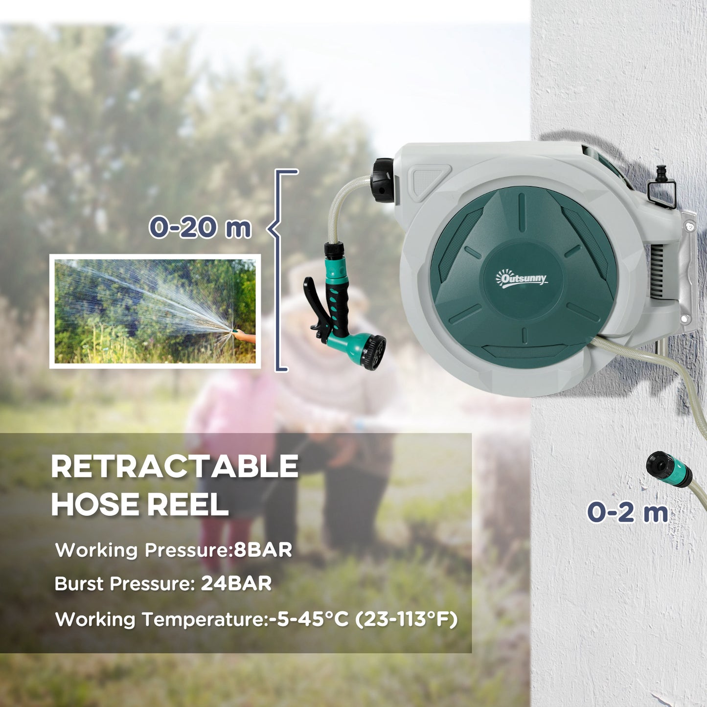 Outsunny Retractable Hose Reel Wall Mounted, 20+2m Garden Hose Pipe Reel with Lock, Auto Rewind, 7 in 1 Spray Nozzle, Includes Wall Fixings, 180° Swivel, Outdoor Watering, 54 x 20 x 39 cm, Light Grey