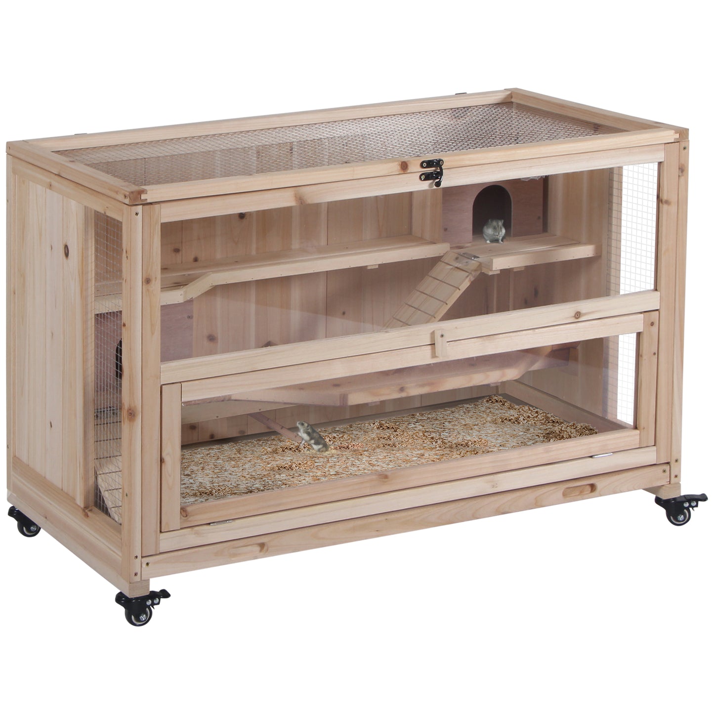 Photo of PawHut Wooden Hamster Cage, Mice Rodent Small Animals Kit Hutch, 3 Tiers Exercise Play House, with Wheels, Bottom Tray, 99 x 50 x 69 cm, Natural Wood in Wood colour on a white background