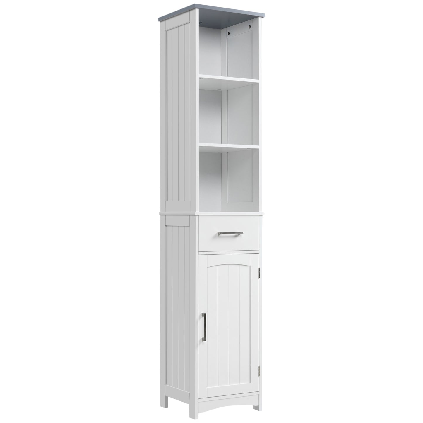 Photo of kleankin Tall Bathroom Storage Cabinet with 3 Tier Shelf, Cupboard, Drawer, Door, Freestanding Linen Tower, Slim Side Organizer, White in White colour on a white background