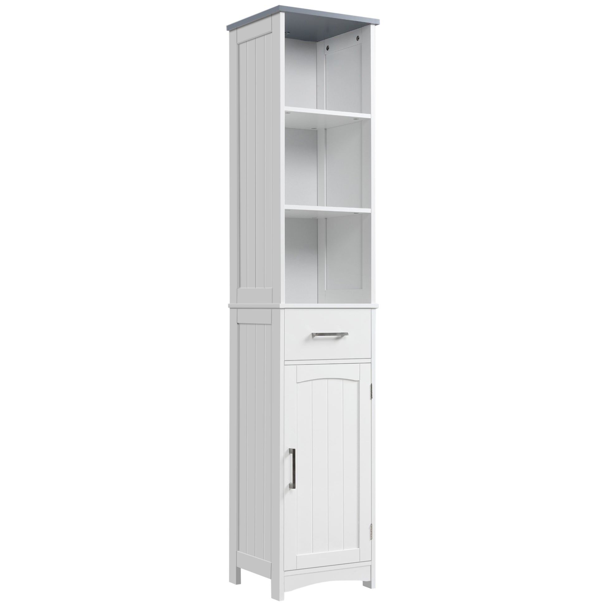 Photo of kleankin Tall Bathroom Storage Cabinet with 3 Tier Shelf, Cupboard, Drawer, Door, Freestanding Linen Tower, Slim Side Organizer, White in White colour on a white background