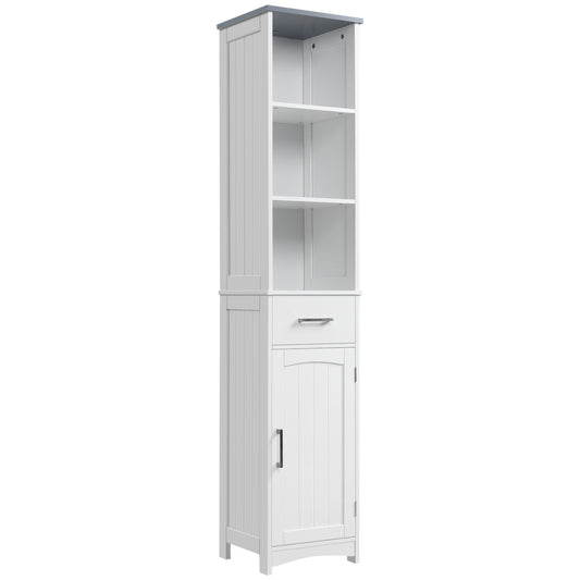 Photo of kleankin Tall Bathroom Storage Cabinet with 3 Tier Shelf, Cupboard, Drawer, Door, Freestanding Linen Tower, Slim Side Organizer, White in White colour on a white background