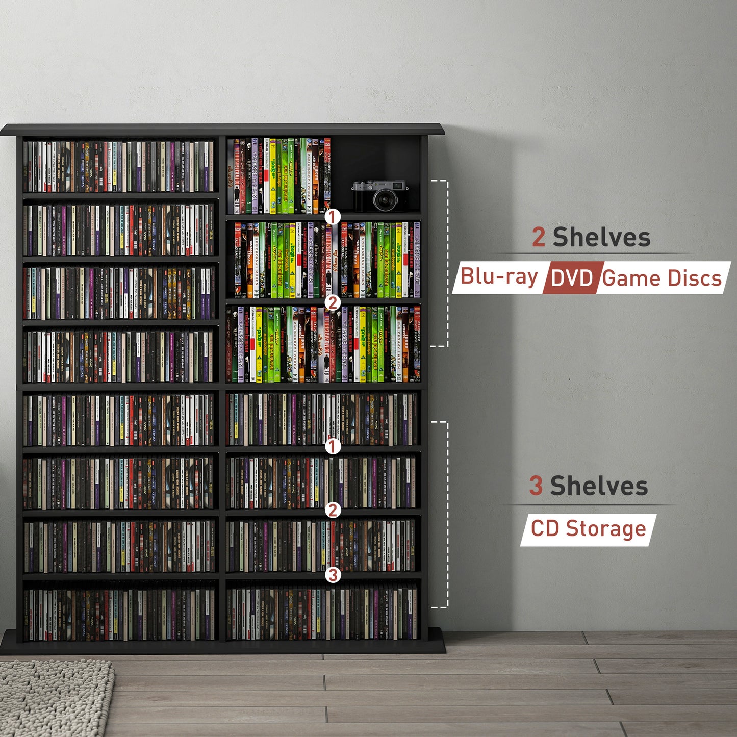 HOMCOM 16-Compartment Media Shelf - Black