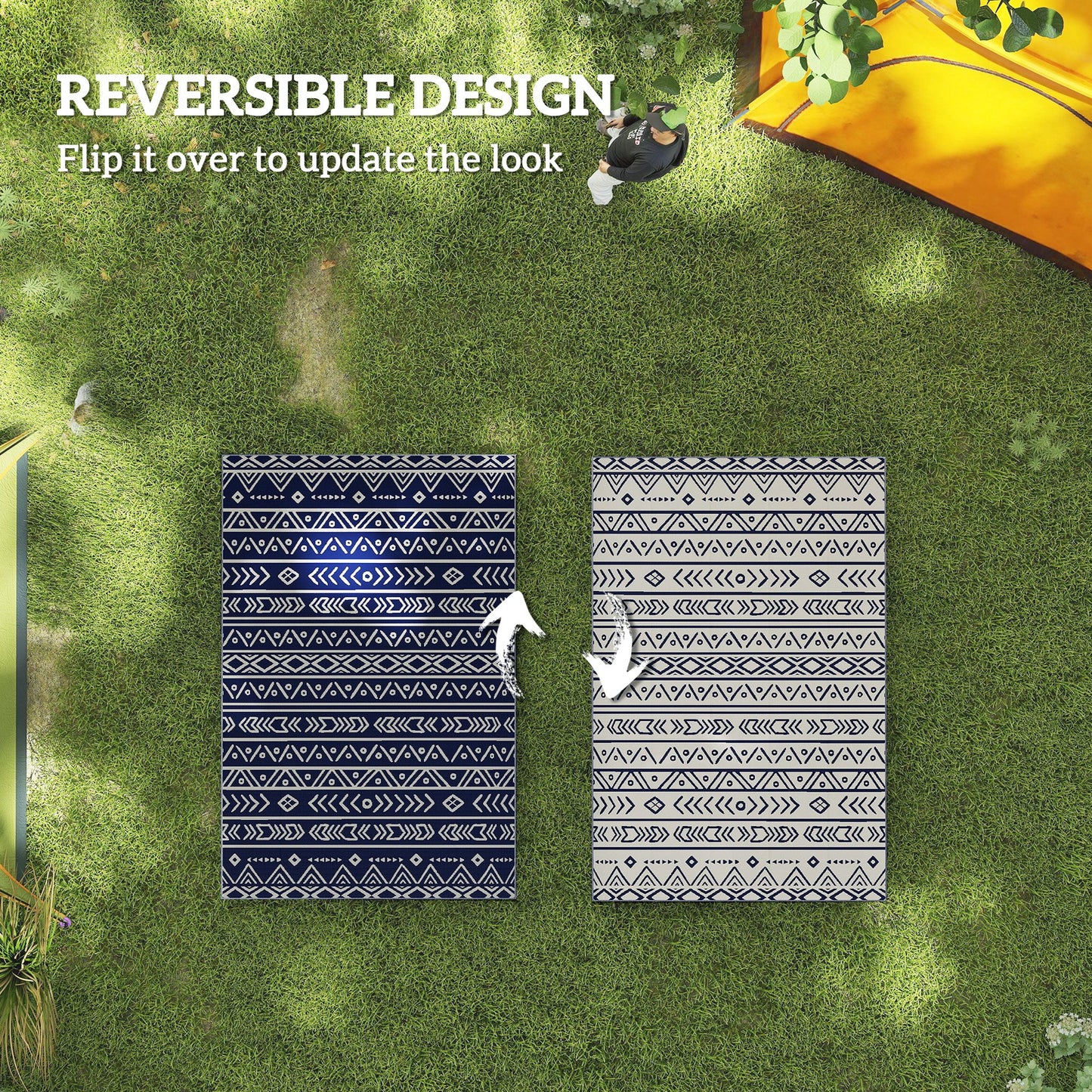 Outsunny Reversible Outdoor Rug with Carry Bag, Waterproof Plastic Straw Mat for Garden, Deck, RV, Picnic, Beach, Camping, 182 x 274cm, Dark Blue and White