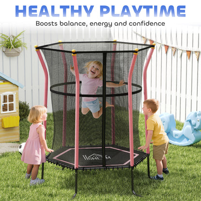 Pink kids trampoline with mesh safety enclosure and padded support poles