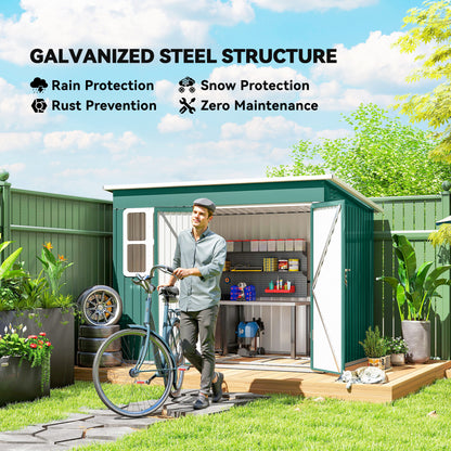 Outsunny green steel garden shed with open double doors and visible storage shelves