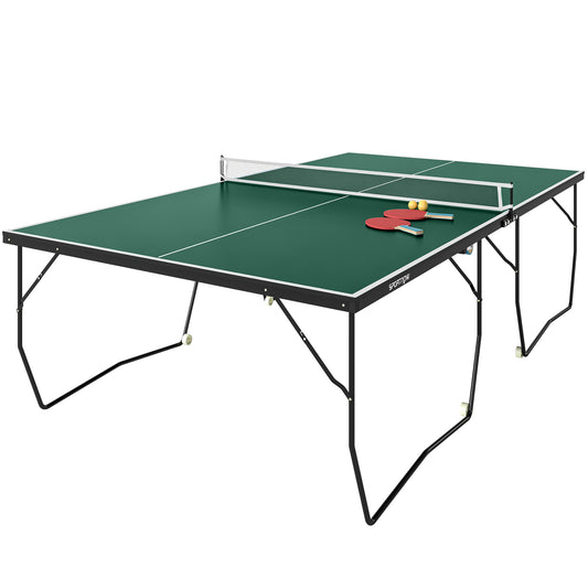 Photo of SPORTNOW 9FT Folding Tennis Table, with 8 Wheels, for Indoor Use, Green in Green colour on a white background