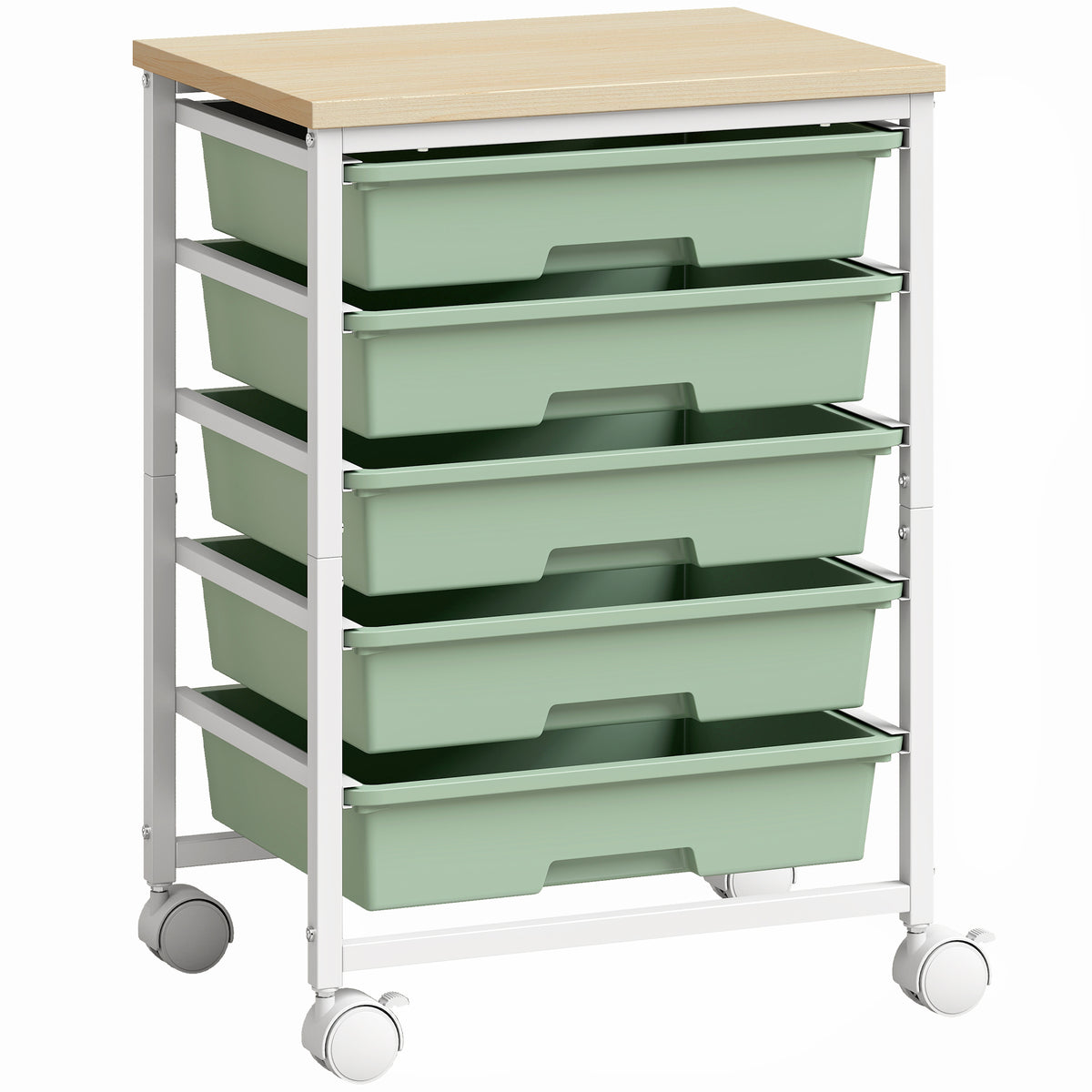 Photo of HOMCOM 6-Tier Storage Trolley on Wheels, Metal Kitchen Rolling Cart with 5 Pull-Out Drawers, Green in Green colour on a white background