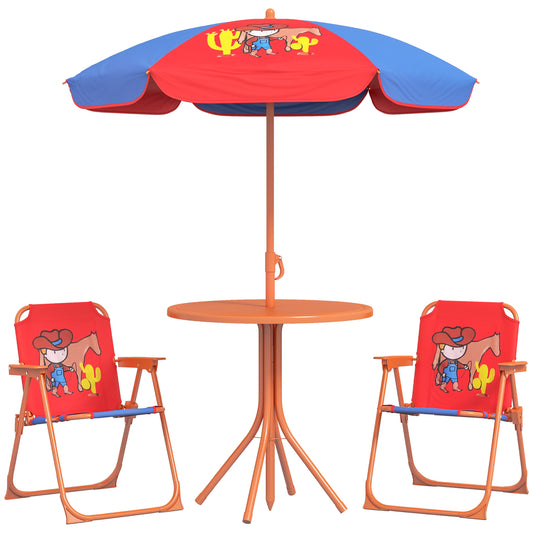 Photo of Outsunny Kids Picnic Table and Chair Set, Cowboy Themed Outdoor Garden Furniture w/ Foldable Chairs, Adjustable Parasol in Parasol colour on a white background