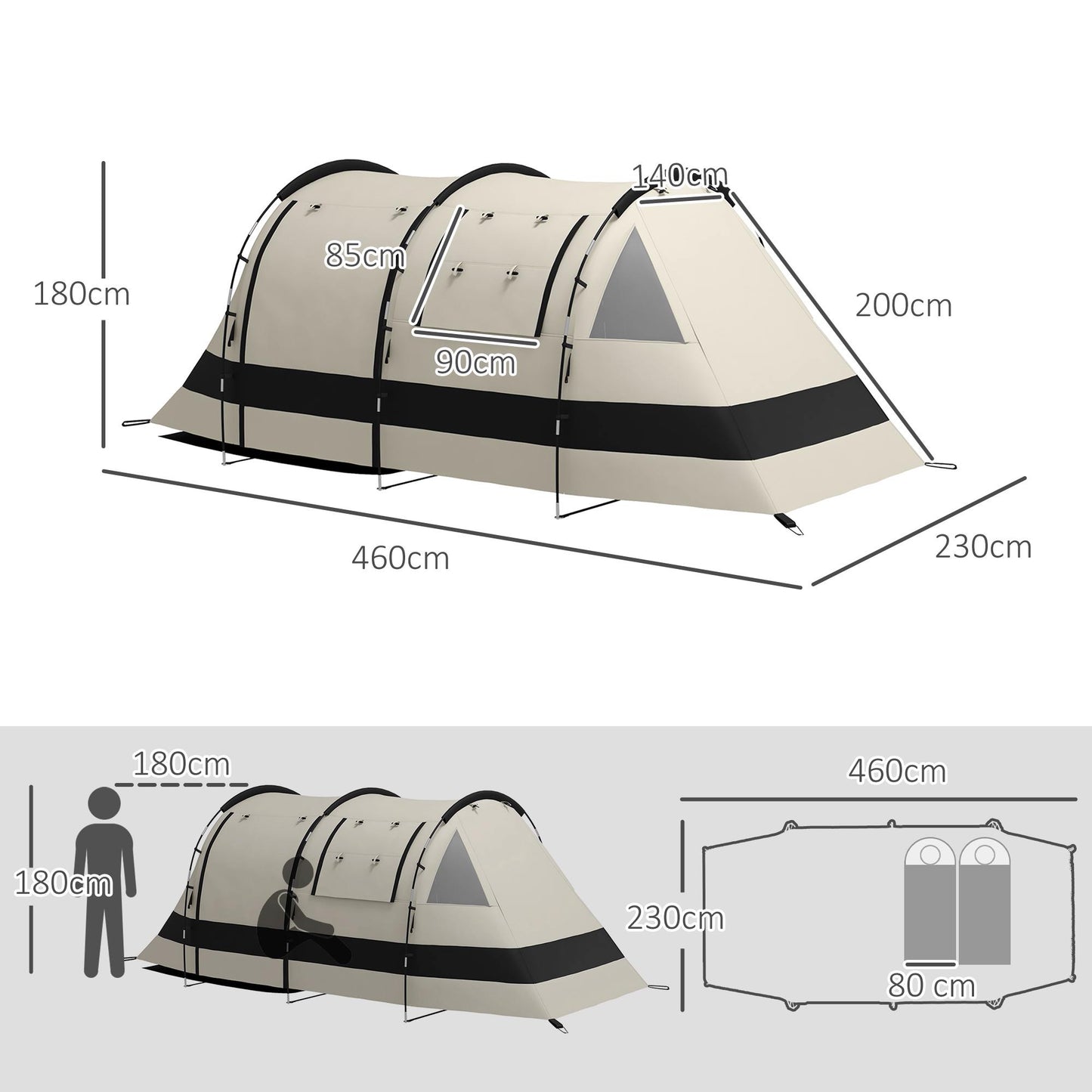Outsunny Camping Tent, 4-5 Man Blackout Tent with Bedroom and Living Room, Portable with Bag, for Fishing Hiking Festival, Khaki