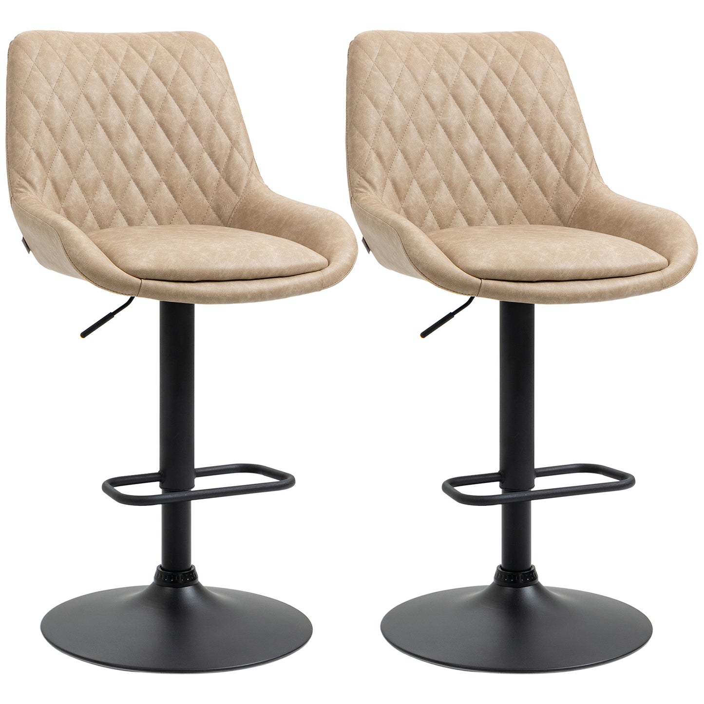 Photo of HOMCOM Retro Bar Stools Set of 2, Adjustable Kitchen Stool, Upholstered Bar Chairs with Back, Swivel Seat, Light Khaki in Khaki colour on a white background