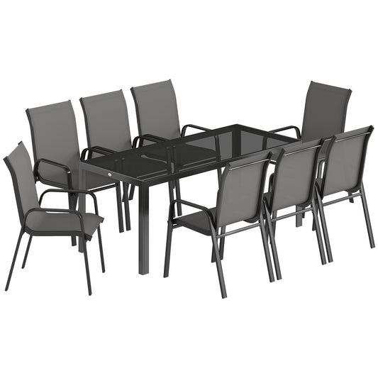 Photo of Outsunny 9 Pieces Garden Dining Set, Outdoor Table and Chairs Set for 8, Garden Furniture Set with Tempered Glass Top, Dark Grey in Grey colour on a white background