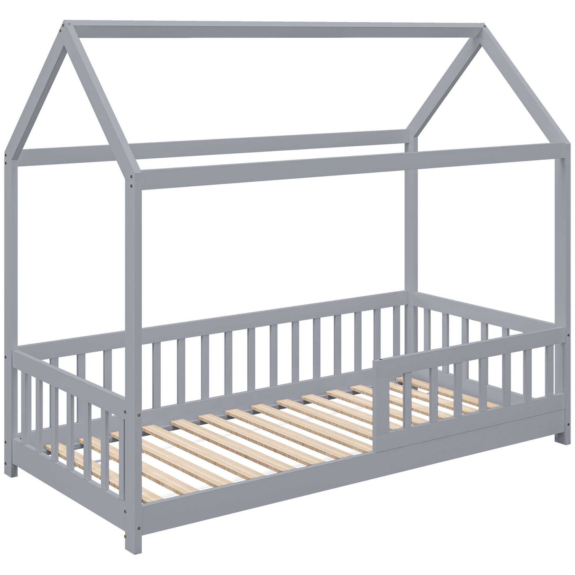 Photo of HOMCOM House-Shaped Kids Bed Frame with Guard Rails, Solid Pine Wood Single Bed Frame for Kids Boys and Girls, Grey in Grey colour on a white background