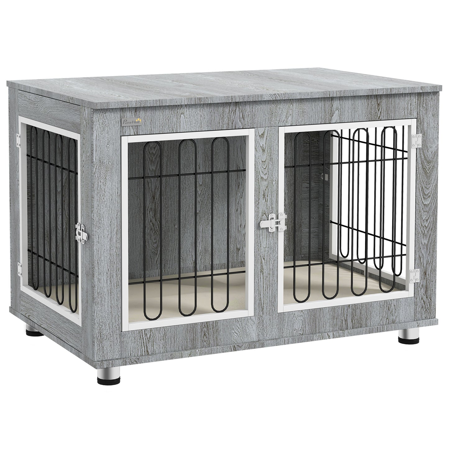 Photo of PawHut Dog Crate Furniture End Table, with Washable Cushion, Double Doors, for Medium/Large Dogs, Grey in Grey colour on a white background