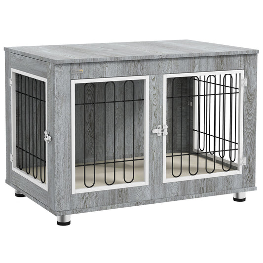 Photo of PawHut Dog Crate Furniture End Table, with Washable Cushion, Double Doors, for Medium/Large Dogs, Grey in Grey colour on a white background