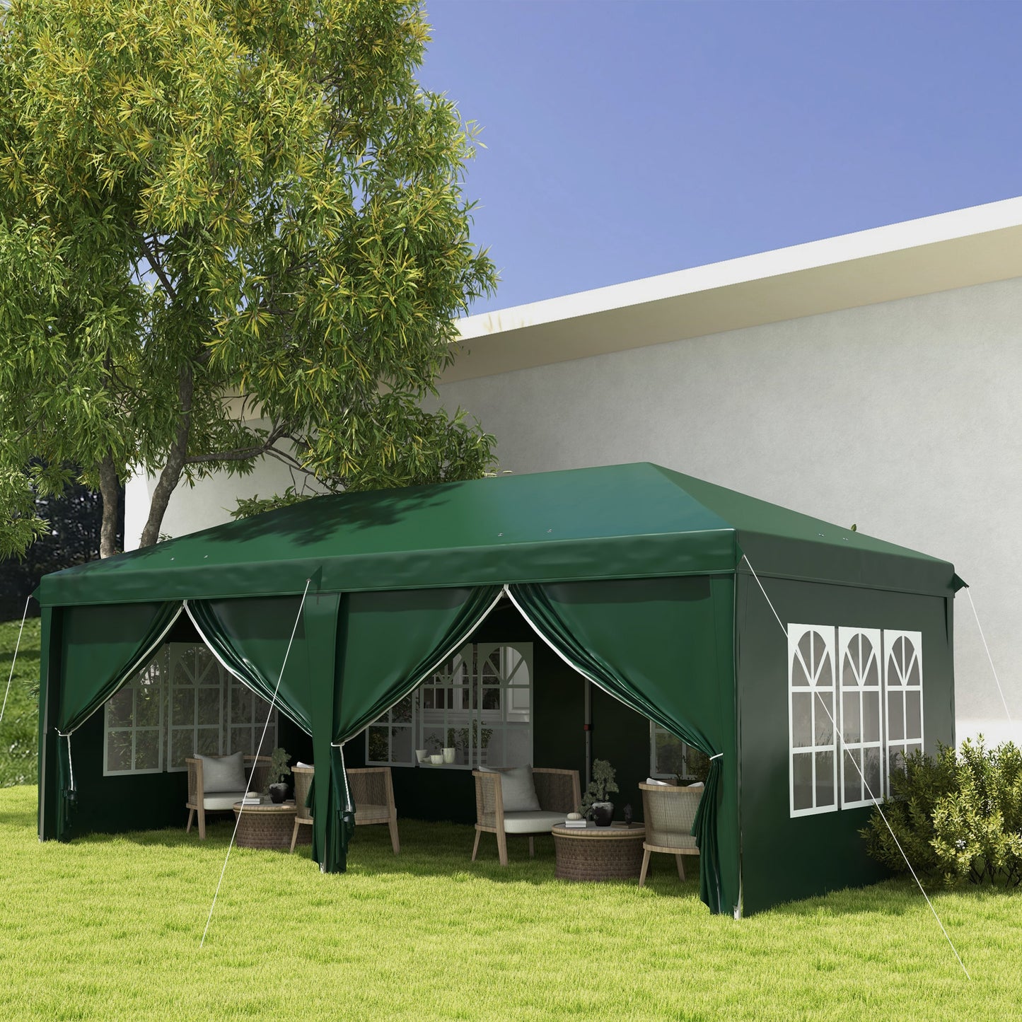 Outsunny 3x6m Pop-Up Gazebo, with Curtain Walls and Windows, Green