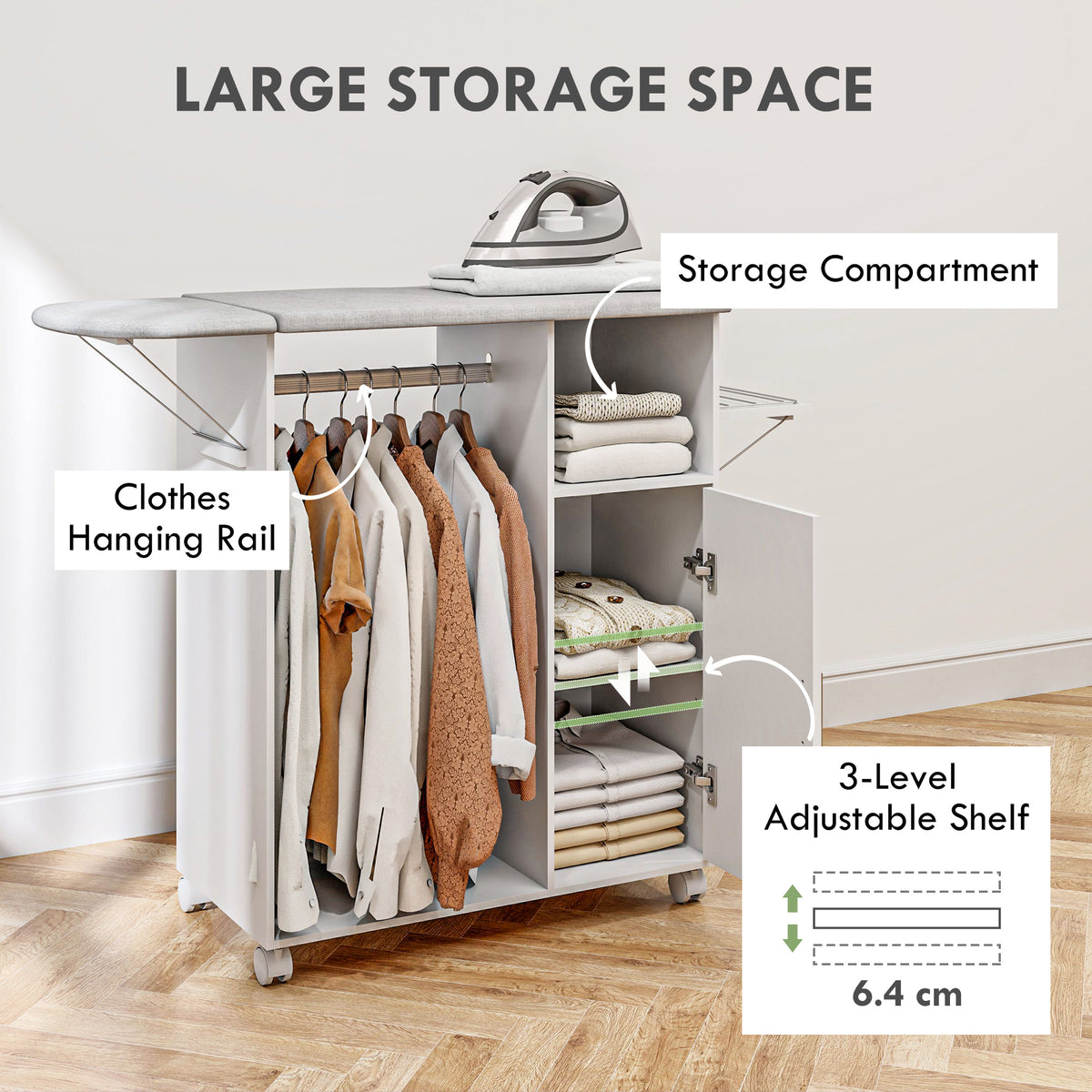 White rolling ironing board cabinet with hanging rail, shelves, and storage compartments