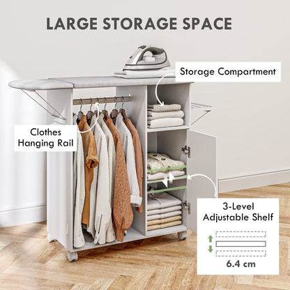 White rolling ironing board cabinet with hanging rail, shelves, and storage compartments