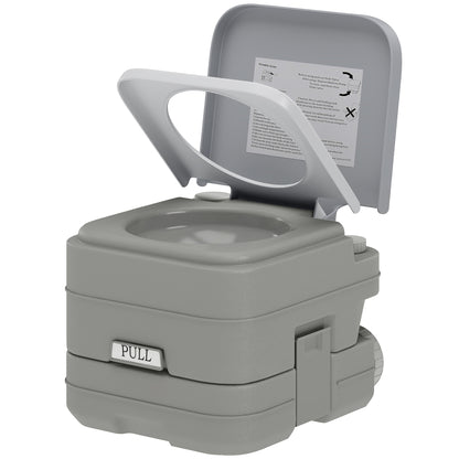 Grey portable toilet with raised lid and seat, pull handle, and side tank latch