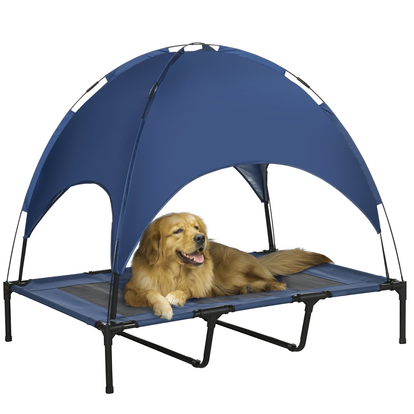 Photo of PawHut Outdoor Dog Bed with Removable Canopy, Portable Raised Dog Bed for Camping, Garden & Beach, Water-Resistant UV-Protection Mesh Pet Cot Sun Lounger, for XL Pets, 122 x 92 x 108 cm, Dark Blue in Blue colour on a white background