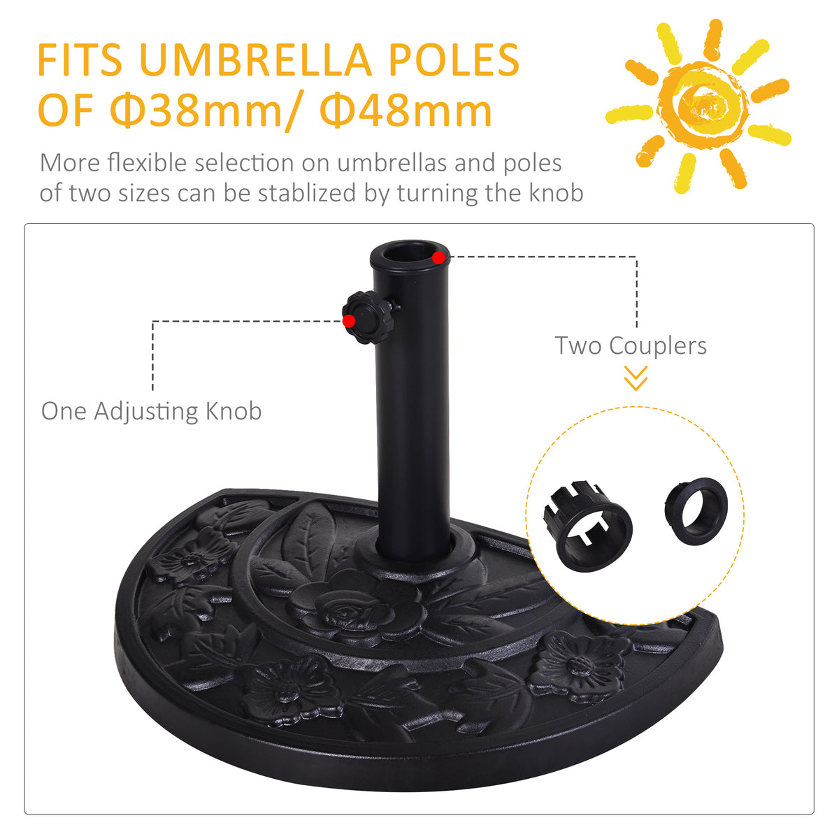 Floral parasol base with adjustable pole knob and two fitting couplers