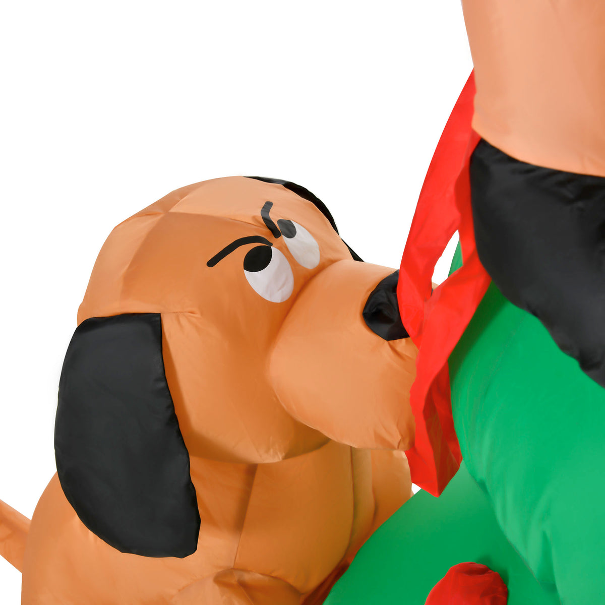 Inflatable Christmas display brown dog detail beside the tree
