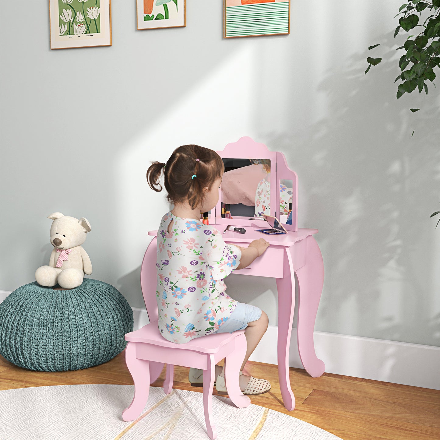 HOMCOM Kids Vanity Table and Chair Set with Tri-Folding Mirror and Stool, Makeup Dressing Table with Drawer, Pink