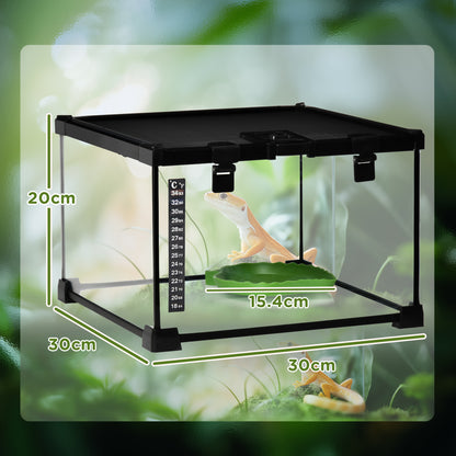Glass reptile terrarium with black frame, measuring 30 x 30 x 20 cm.