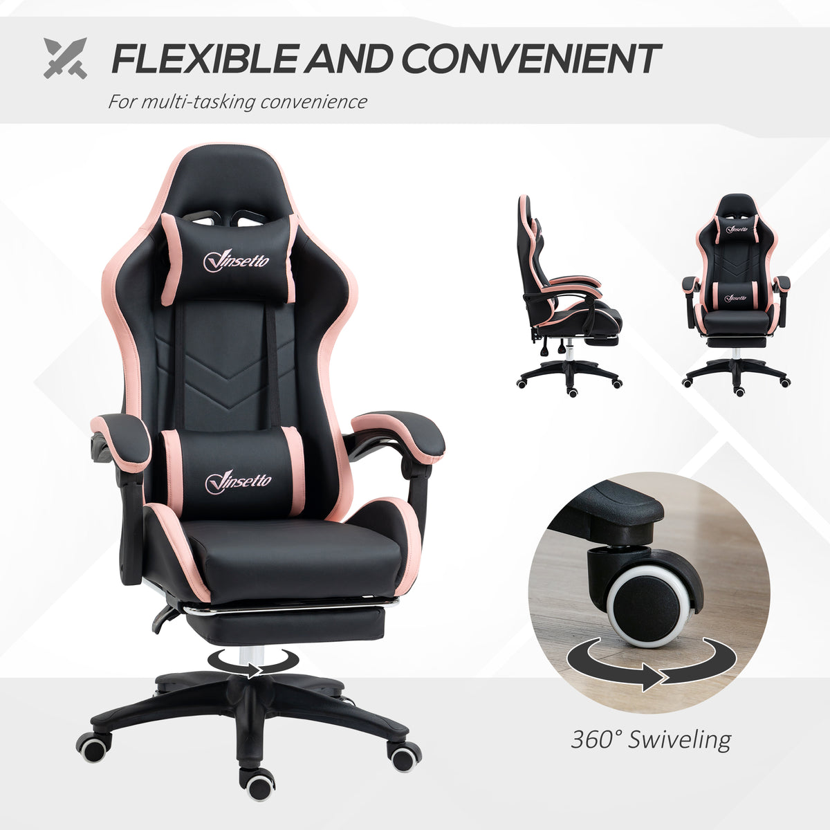 Vinsetto Gaming Chair, Computer Gamer Chair with Reclining High Back, Headrest, Lumbar Support, Footrest, Swivel Wheels, PU Leather, Adjustable Height for Home, Black and Pink