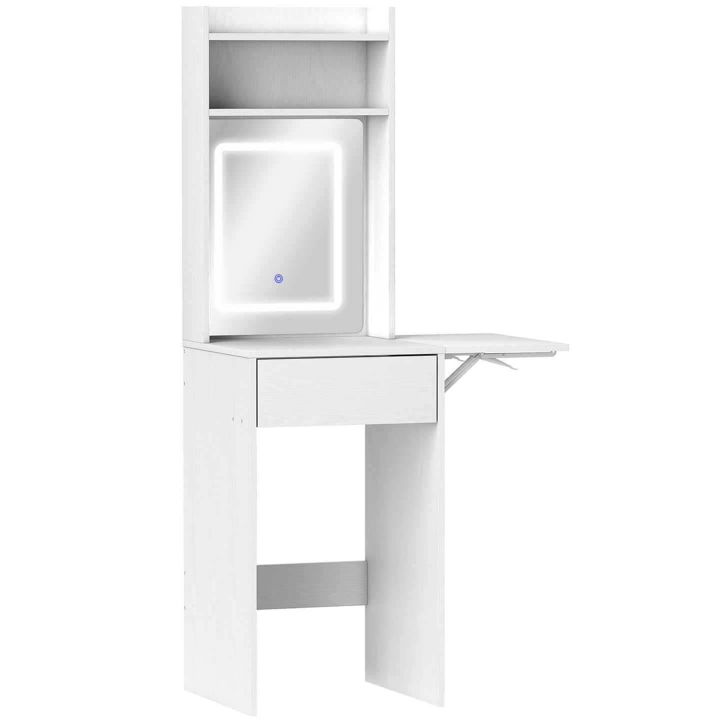 Photo of HOMCOM Small Vanity Desk with Mirror and LED Lights, Compact Dressing Table with Drop Leaf, Open Shelves and Drawer, White in White colour on a white background