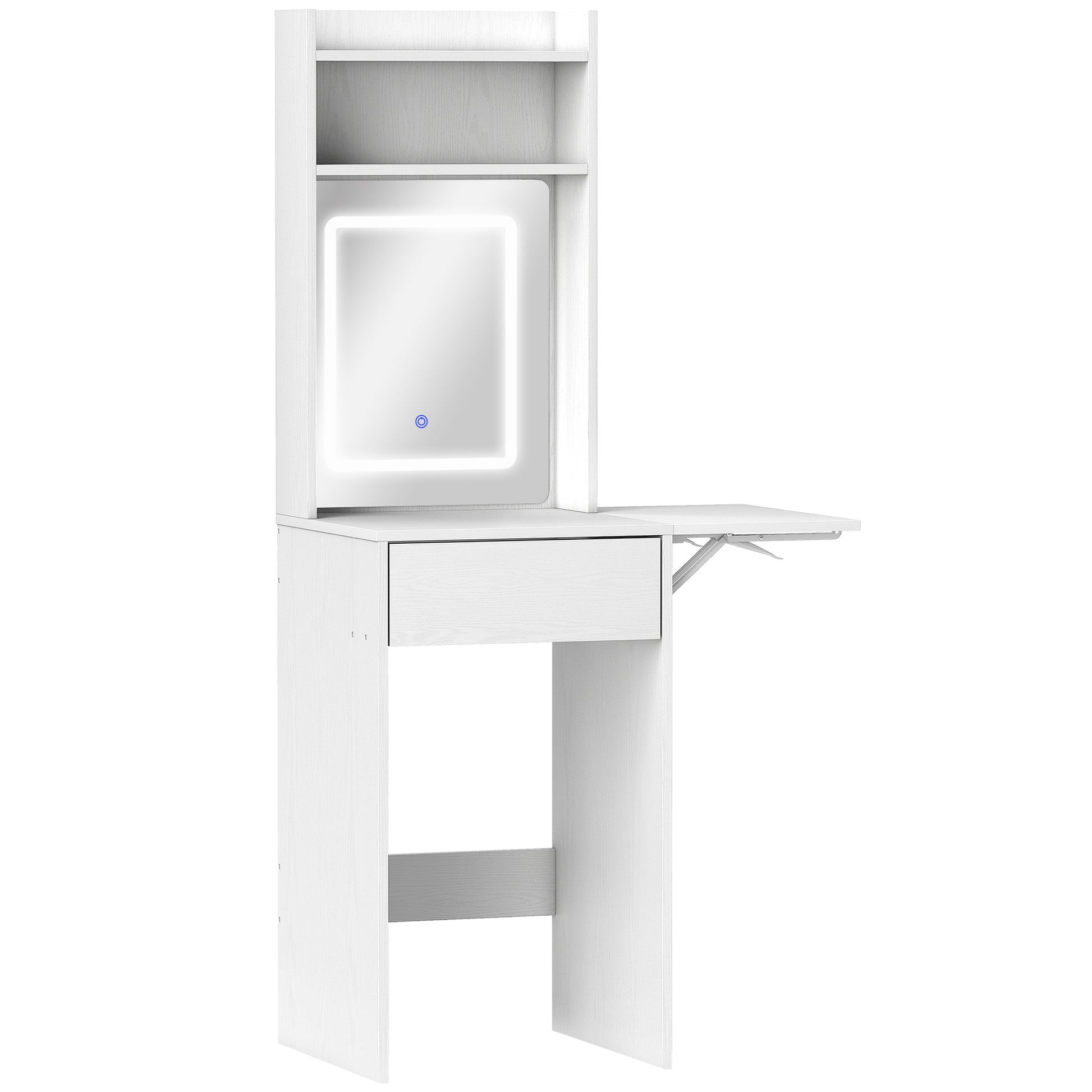 Photo of HOMCOM Small Vanity Desk with Mirror and LED Lights, Compact Dressing Table with Drop Leaf, Open Shelves and Drawer, White in White colour on a white background