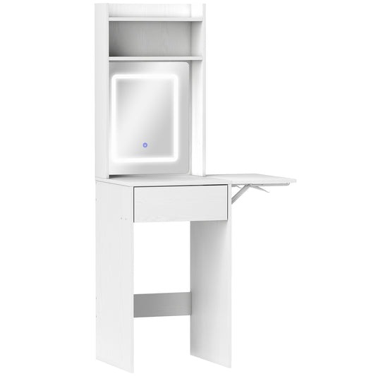 Photo of HOMCOM Small Vanity Desk with Mirror and LED Lights, Compact Dressing Table with Drop Leaf, Open Shelves and Drawer, White in White colour on a white background