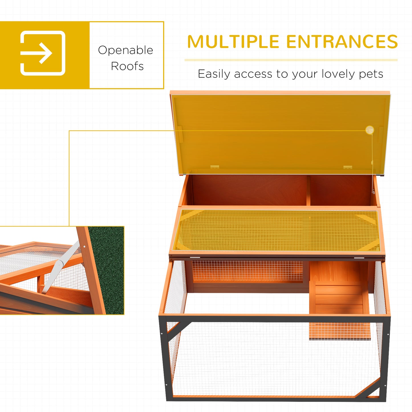 PawHut Rabbit Hutch Outdoor Guinea Pig Hutch with Run Small Animal Off-ground Duck House Hideaway Garden with Openable Roof 125.5 x 100 x 49cm Orange