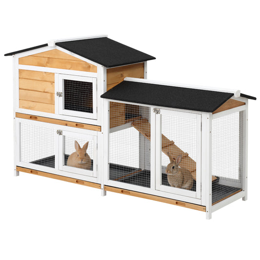Wooden rabbit hutch with attached run, wire-mesh doors, dark roofs and two rabbits