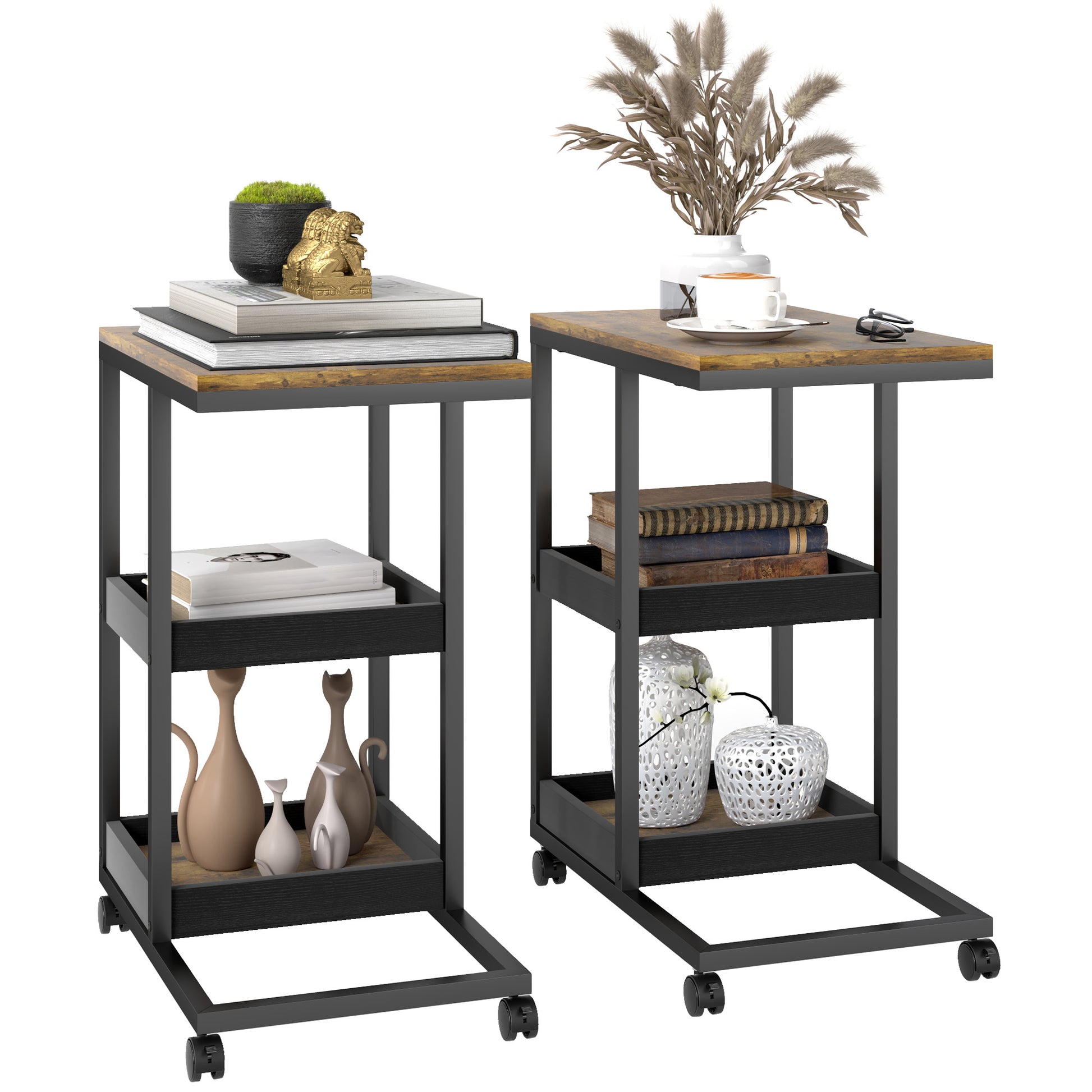 Photo of HOMCOM Mobile Sofa Side Table Set of 2, Industrial C-Shaped Rolling Table with 3-Tier Storage Shelving, Four Lockable Wheels Steel Frame, Dark Brown in Brown colour on a white background