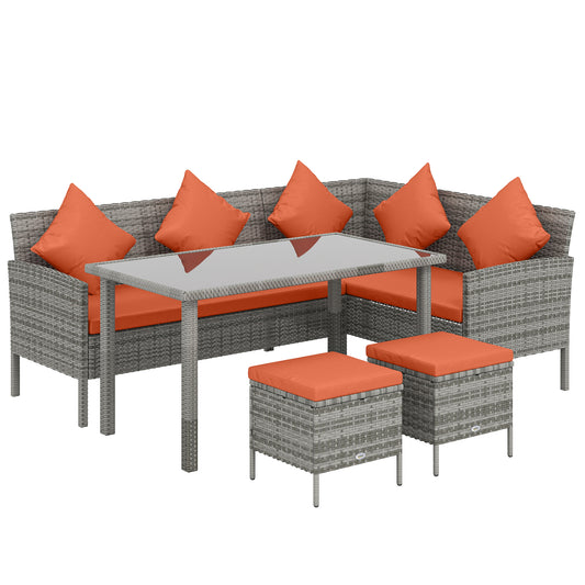 Photo of Outsunny 6-Seater Rattan Dining Set Sofa Table Footstool Outdoor w/ Cushion Garden Furniture, Orange in Orange colour on a white background