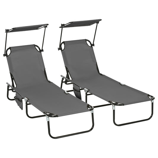 Photo of Outsunny Set of Two Folding Sun Loungers, with Adjustable Backs and Sun Canopies - Grey in Grey colour on a white background