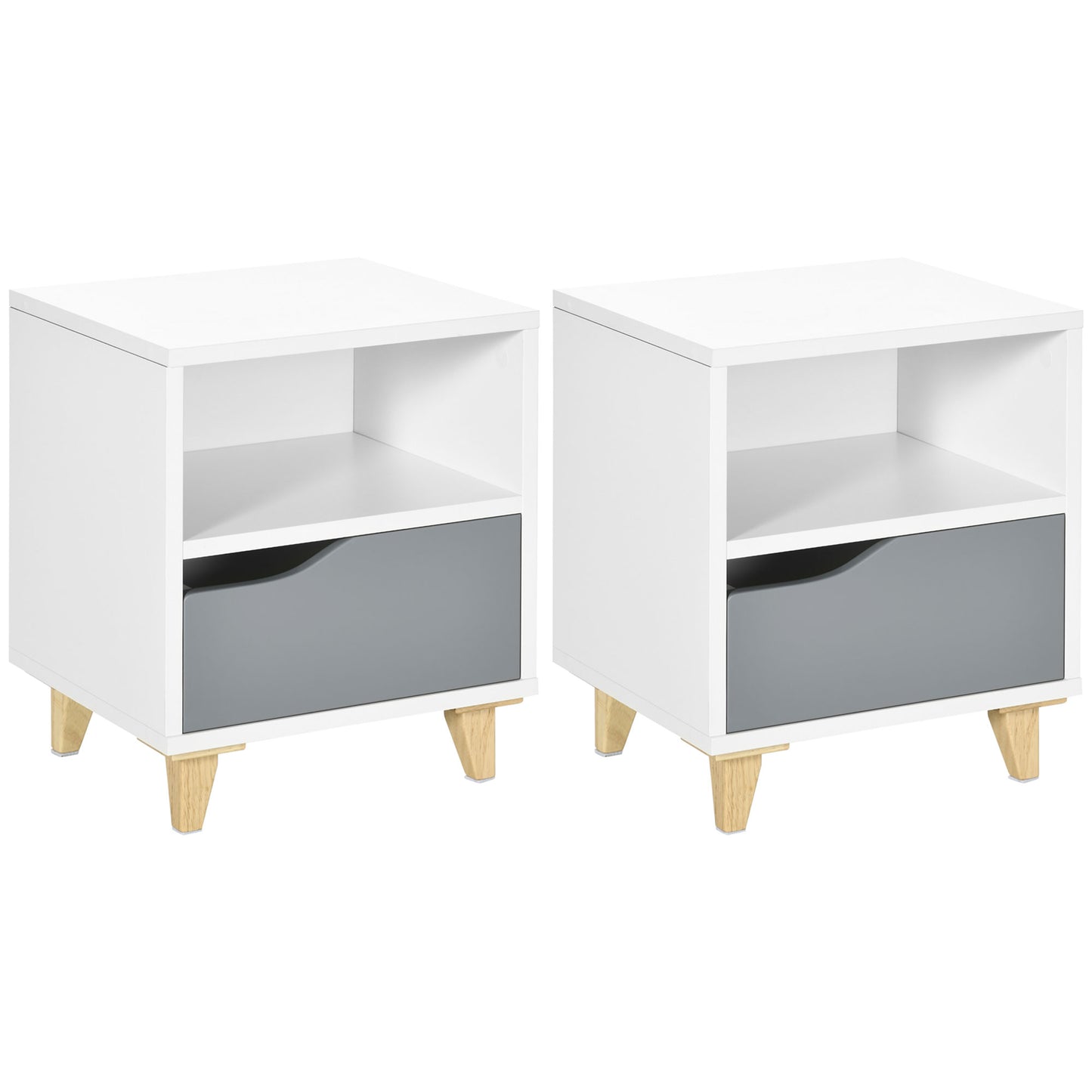 Photo of HOMCOM Set of 2 Modern Bedside Tables with Shelves, Drawers and Wood Legs, 36.8cm x 33cm x 43.8cm, White and Grey in Grey colour on a white background