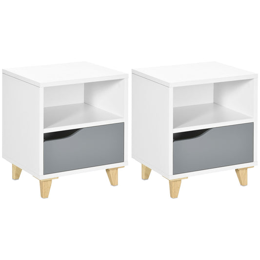 Photo of HOMCOM Set of 2 Modern Bedside Tables with Shelves, Drawers and Wood Legs, 36.8cm x 33cm x 43.8cm, White and Grey in Grey colour on a white background