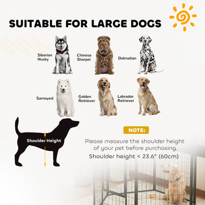 Black dog playpen shown with examples of large dog breeds it can accommodate