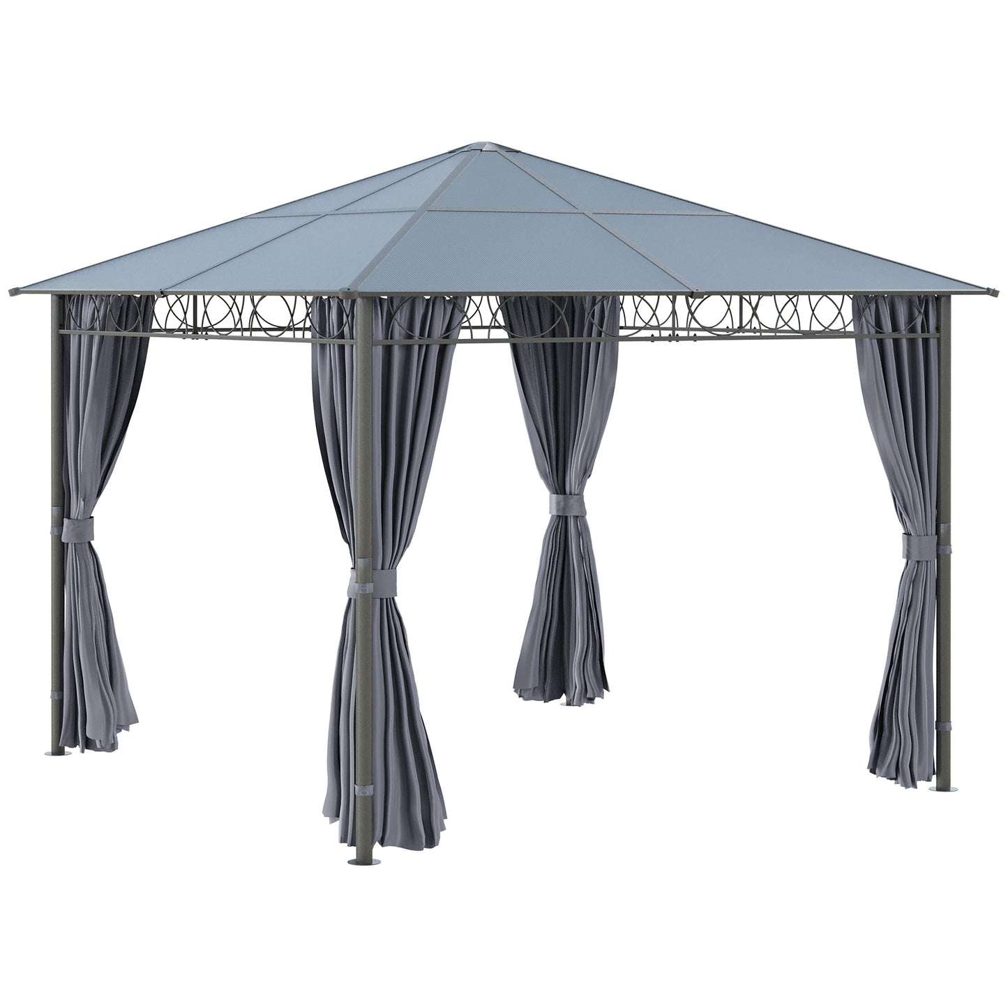 Photo of Outsunny 3 x 3(m) Hardtop Gazebo Canopy with Polycarbonate Roof, Permanent Pavilion Garden Gazebo with Curtains for Patio, Deck, Grey in Grey colour on a white background