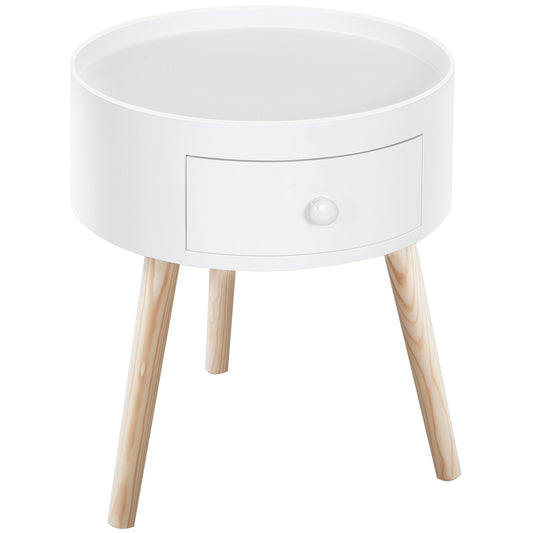 Photo of HOMCOM Modern Side Table, Small Coffee Table, Round Bedside Table with Drawer and Wood Legs for Living Room, Bedroom, White in White colour on a white background