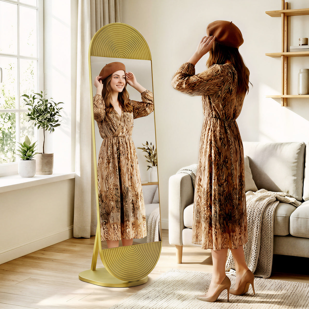 HOMCOM 50 x 161 cm Wavy Full Length Mirror, Free Standing Mirror with Metal Frame and Solid Base, Gold Tone