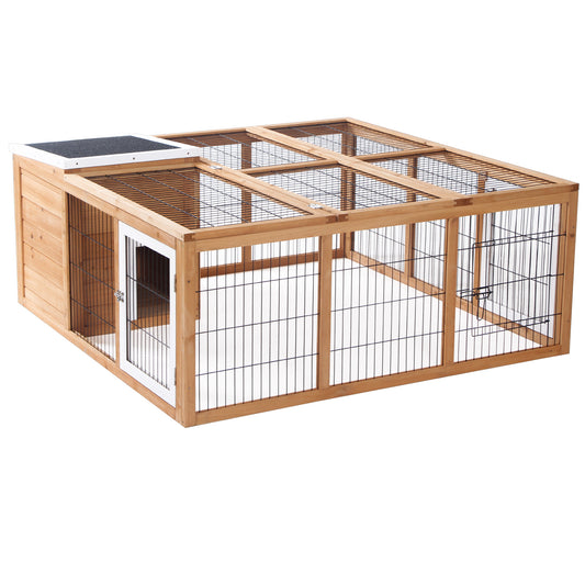 Photo of PawHut Rabbit Hutch Outdoor, Guinea Pig House, Bunny Run Cage with Openable Top for 1–2 Rabbits, 123 x 120 x 52cm, Yellow in Yellow colour on a white background